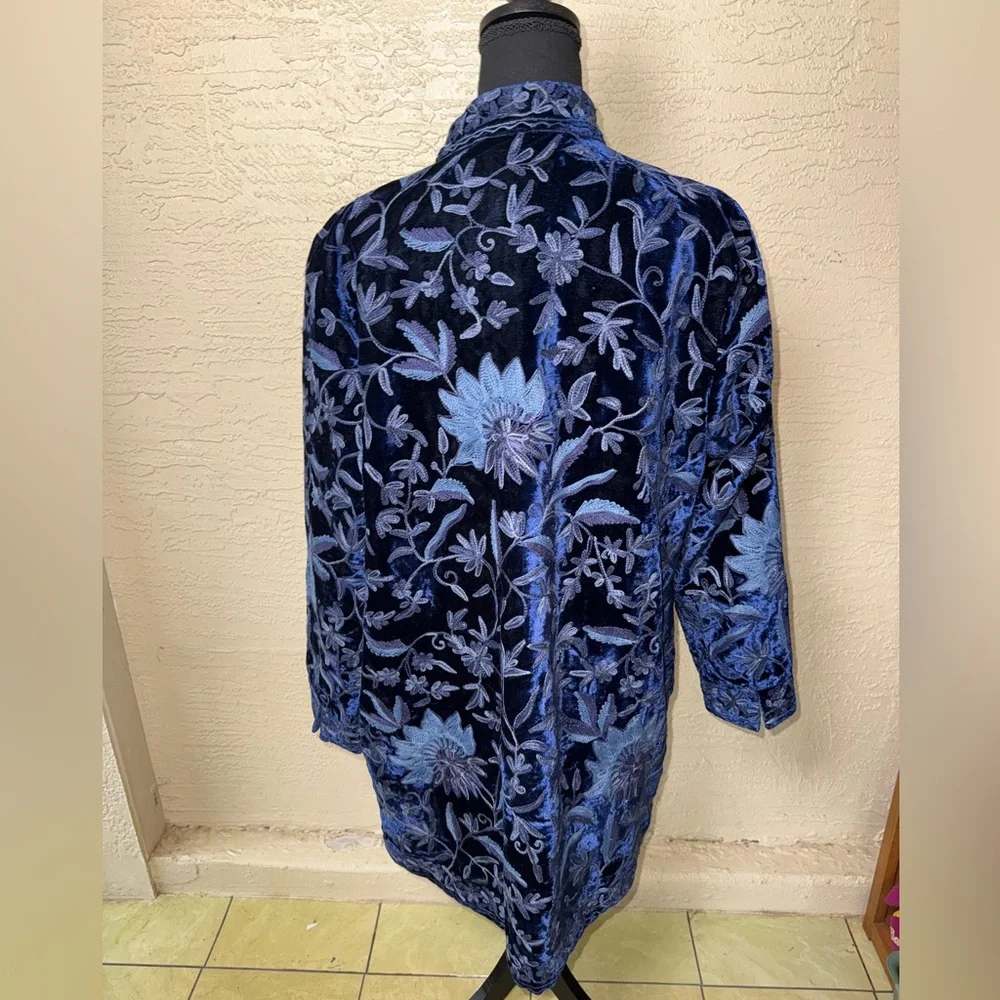 Soft Surroundings Navy Blue Velvet Embroidered Trench Coat - Picture 12 of 16